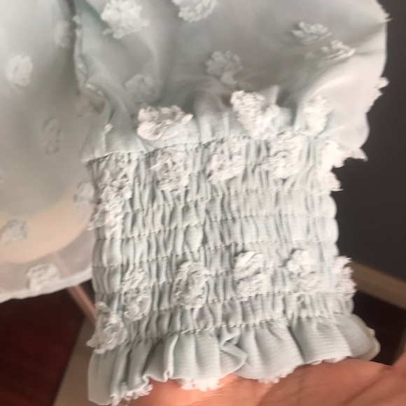 NWOT aqua blue sheer mesh lined Swiss dot long sleeves pull over top size L - Picture 2 of 11